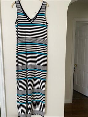 Escada Sleeveless Striped V-Neck Maxi Dress in Black, White & Teal
